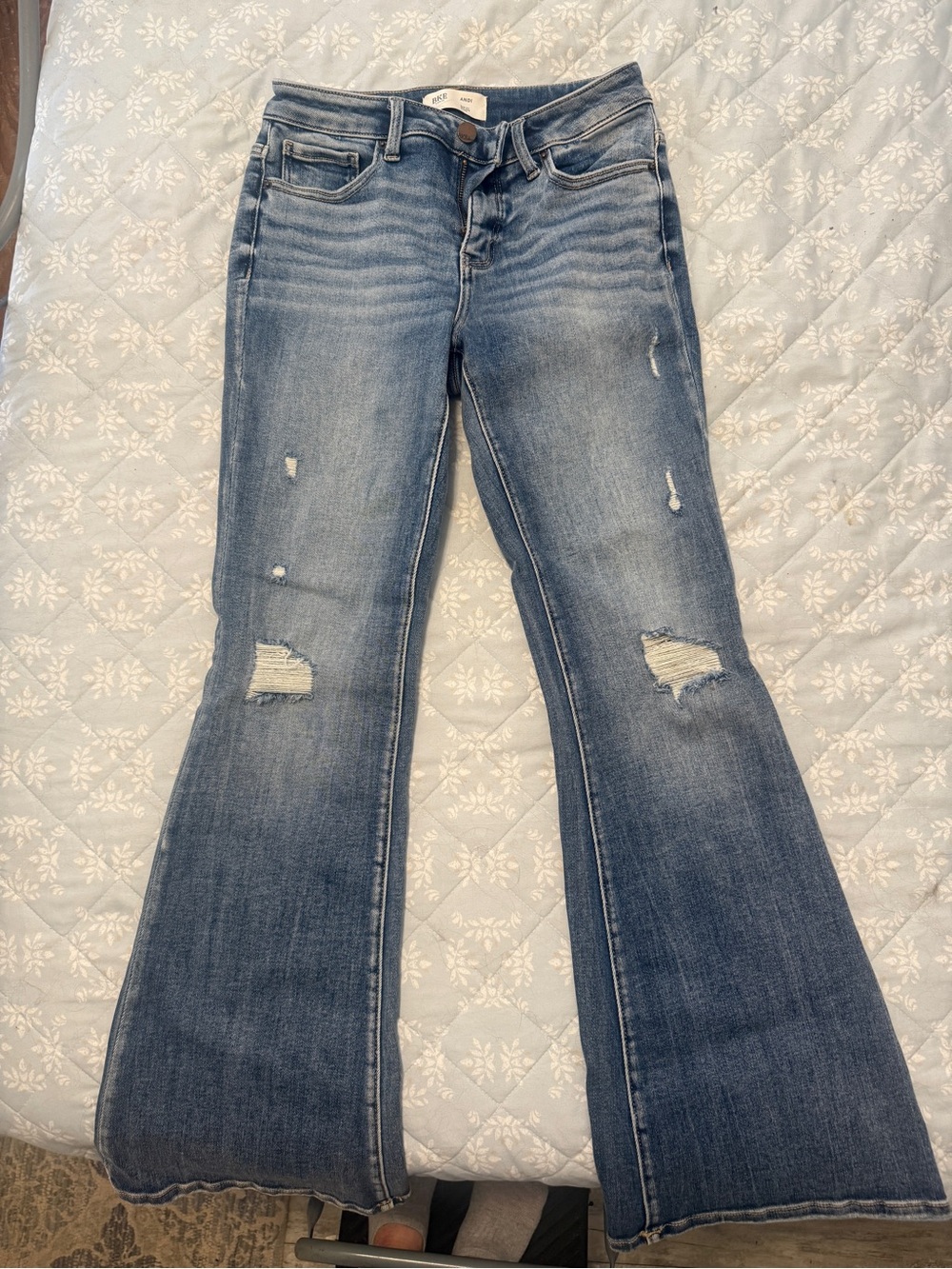 Mid-Rise Distressed Flare Jeans in Blue
